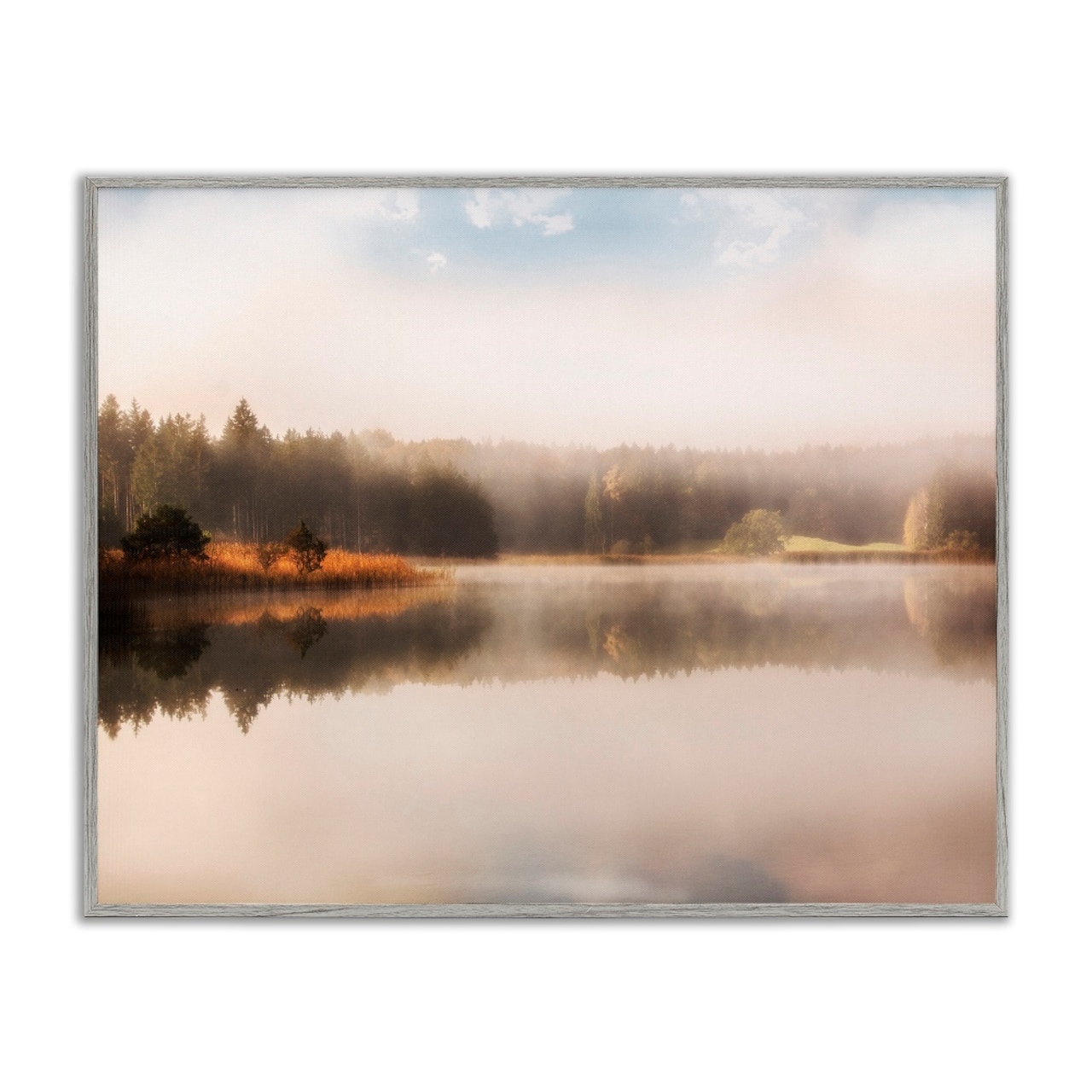 Stupell Industries Autumn Lake Misty Landscape Distant Pine Tree Forest Framed Giclee Art